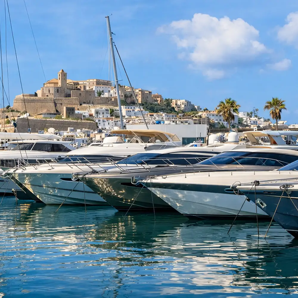 Yates de lujo en el puerto de Ibiza para servicio de compra y venta de barcos